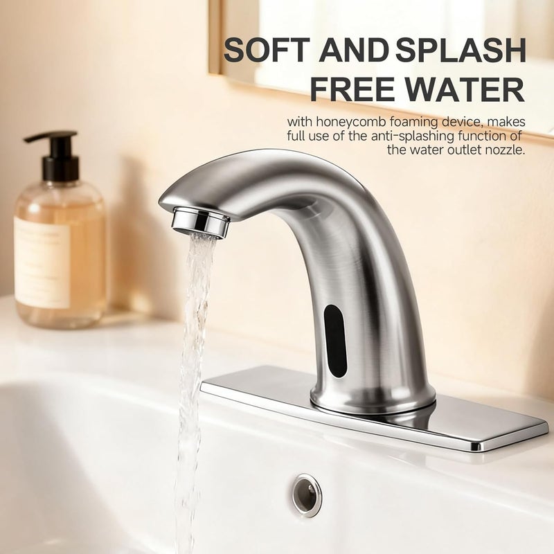 AOLIHAN Touchless Bathroom Sink Faucet Automatic Motion Sensor Commercial Bathroom Faucet with Deck Plate,1 Hole or 3 Hole Solid Brass Faucet,AC/DC Powered,Hot Cold Mixer,Brushed Nickel - Image 3